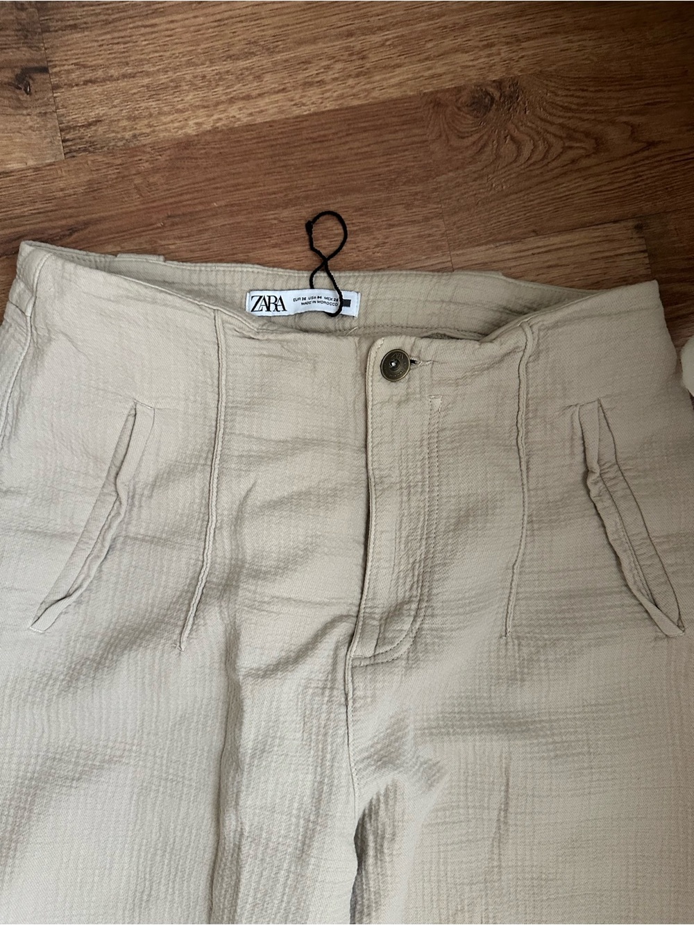 ZARA Beige/Cream Textured High-Waist Trousers